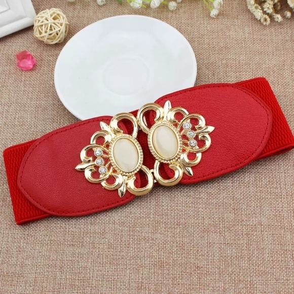 Elastic Leather Gemstone Wide Fashion Belt - Picture 7 of 11